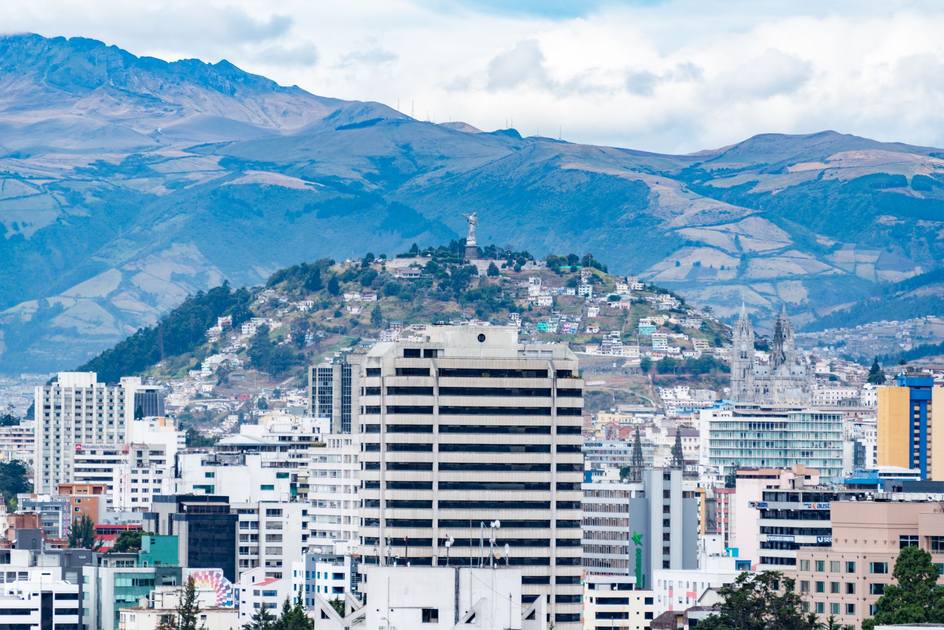 Aerial view of the Quito skyline with the Andes in the background